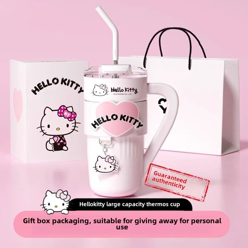 750ML Sanrio Hello Kitty Thermos Cup Women's Coffee Milk Cup High Large Capacity Straw Water Cup Winter Christmas Birthday Gift