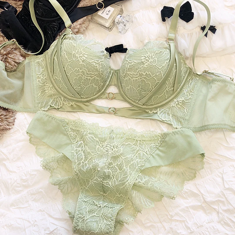 1 Set/French Fashion Women Underwear Set Thin Cup Comfort Bra Set Sexy Lace Flowers Embroidery Lingerie Hollow Push Up Brassiere