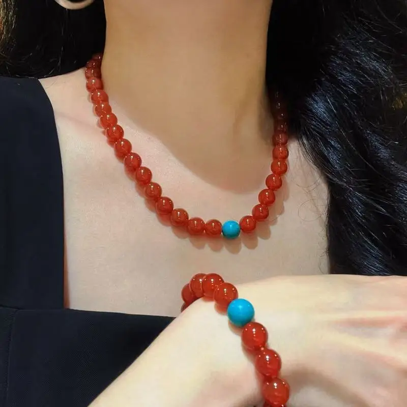 10mm7A high-quality translucent lustrous natural red agate necklace and bracelet set