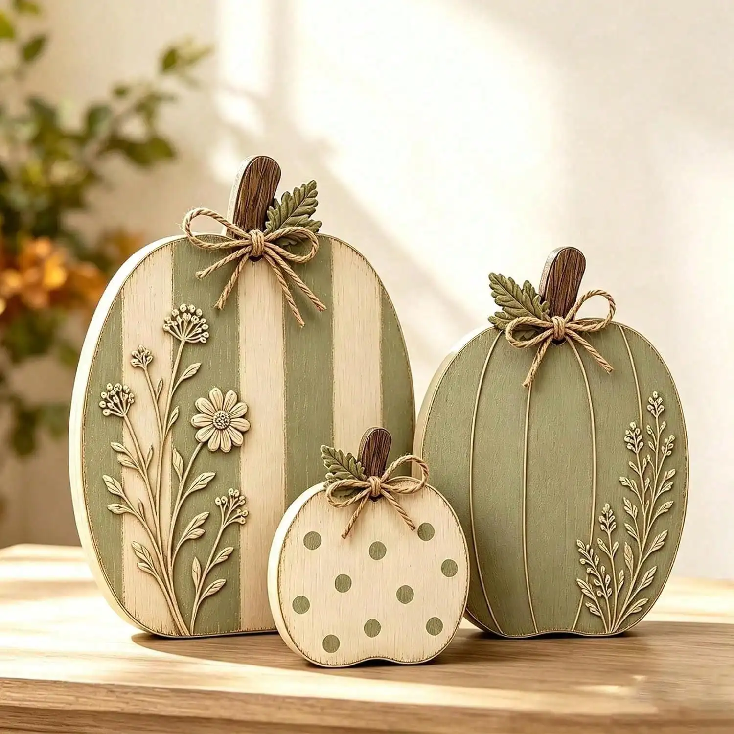 Raised Wildflower Solid Wood Pumpkin Trio, Fall Decor | Mantel Entryway Table Shelf - Fall Decor | Rustic Wooden Pumpkins And Home Table Decoration Kits