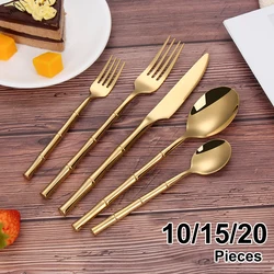 5/10/15/20Pcs Gold Cutlery Stainless Steel 304 Tableware Silver Western Dinner Set Mirror Bamboo shaped handle Kitchen Utensils