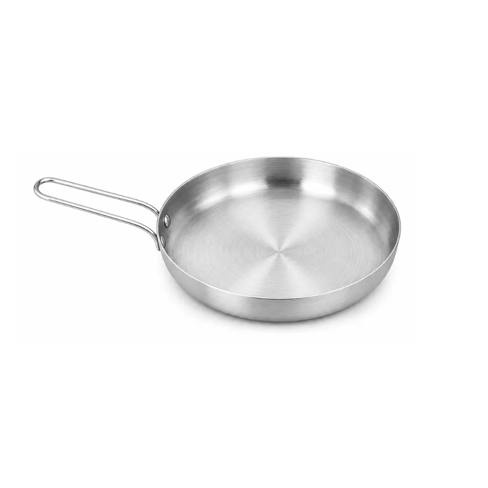 18/20cm Stainless Steel Frying Pan Flat Bottom Handled Serving Plate Comfortable Grip Stackable Steak Skillet Parties