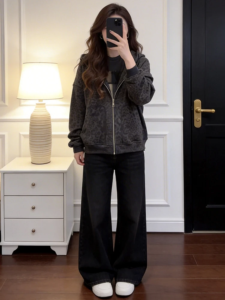 

American Sle Leopard Print Hooded Zipper ort Jaet Women's Spring 2026 New Loose Lazy Versatile Anti-Aging Top