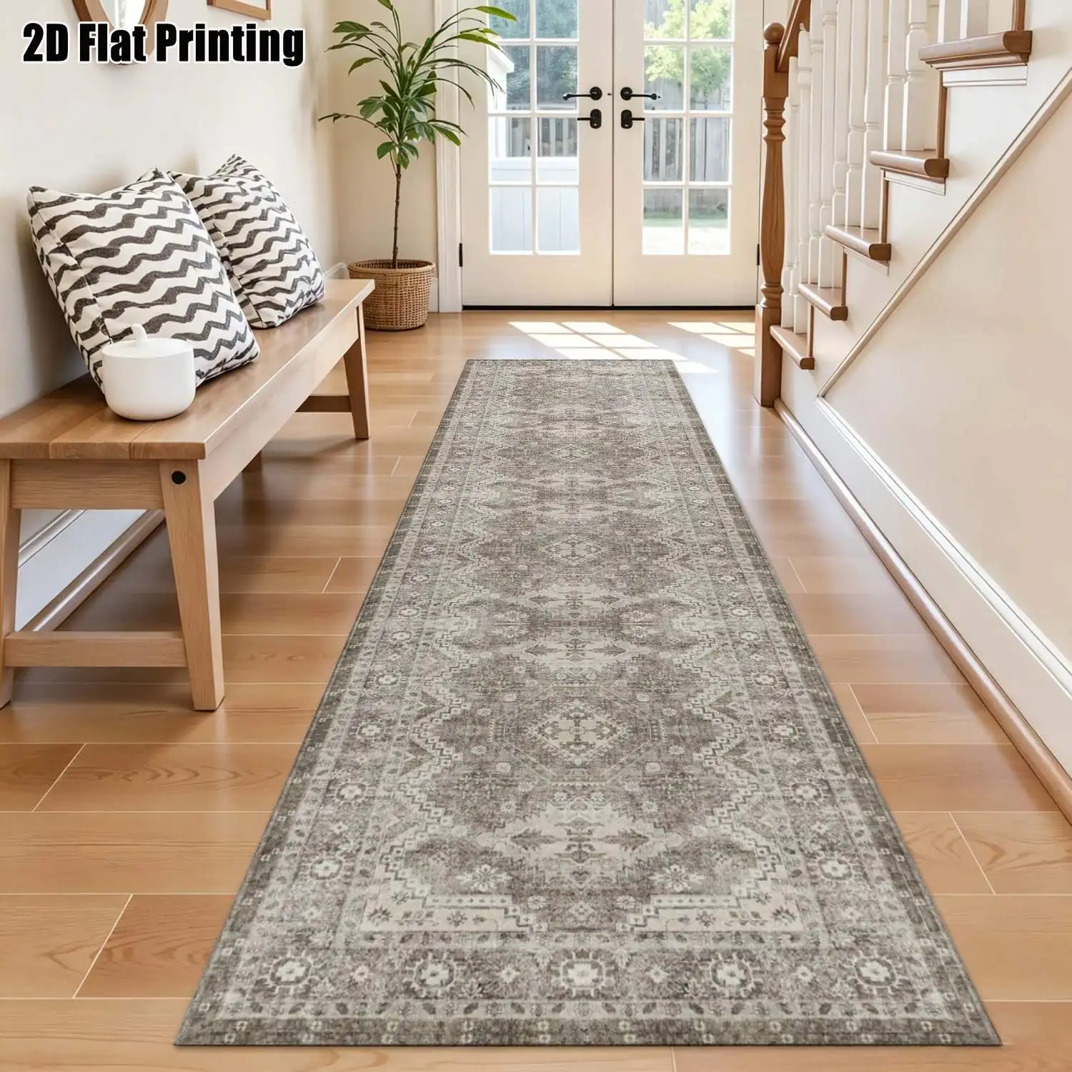 1Pc 2D Printed Beige Geometric Strip Track Carpet Nordic/Modern Minimalist/Vintage/European Style, Home Decor, Multi-Size, Machine Washable, for Entrance, Hallway, Living Room, Bedroom.