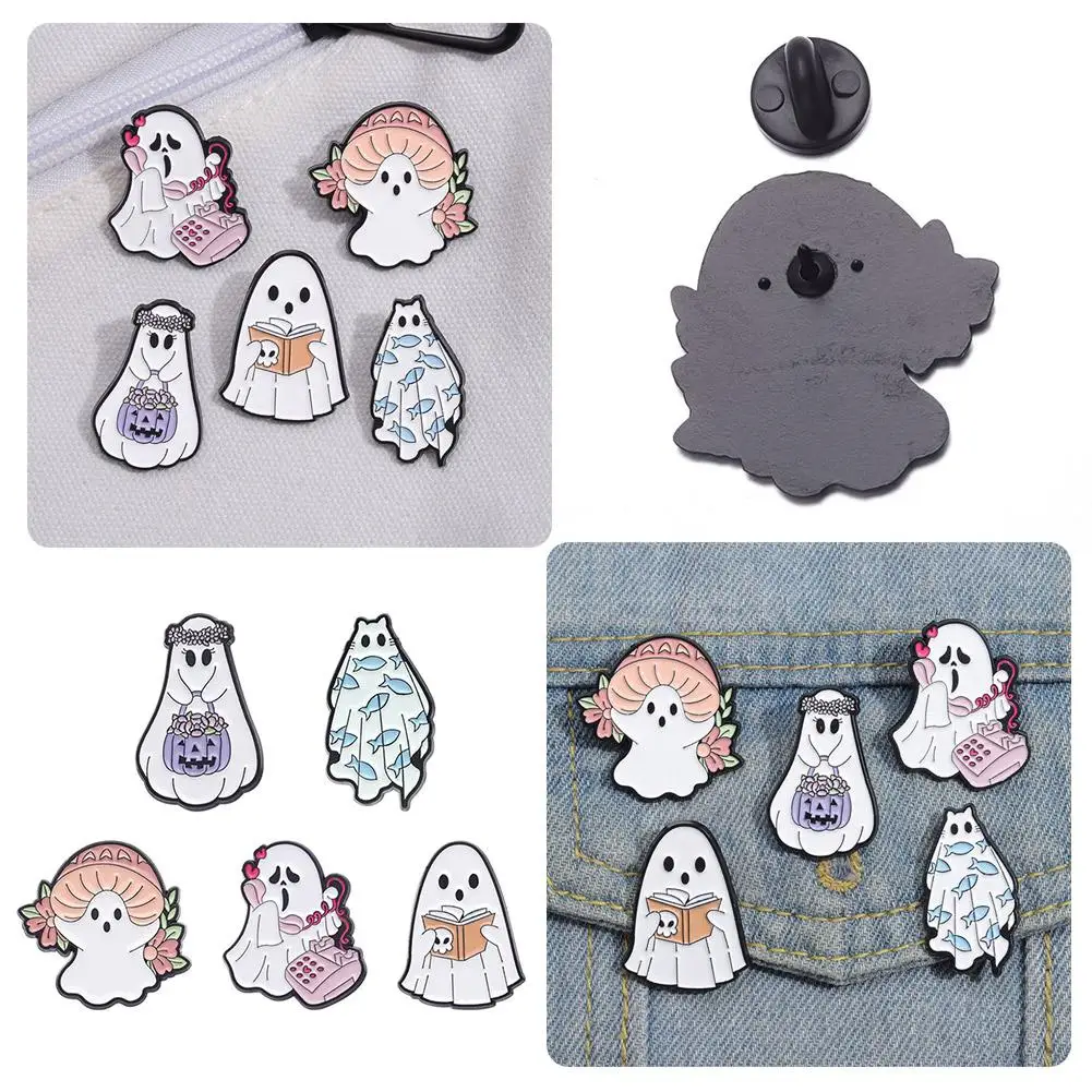 Cute Cartoon Ghost Enamel Brooch Halloween Metal Geometric Party Badge Halloween Horror Scarf Silk Buckle Satchel Accessori F8q8