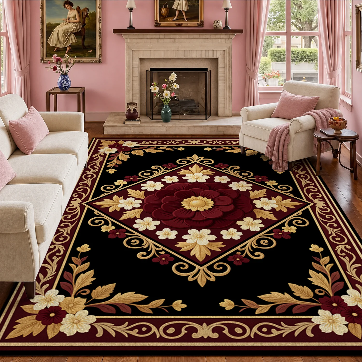 Alfombra de terciopelo con un intrincado diseño floral en tonos burdeos y dorados, lavable a máquina, ideal para el salón, el dormitorio, la entrada, el comedor y como decoración para Halloween, el Día de Acción de Gracias, Navidad y Año Nuevo.