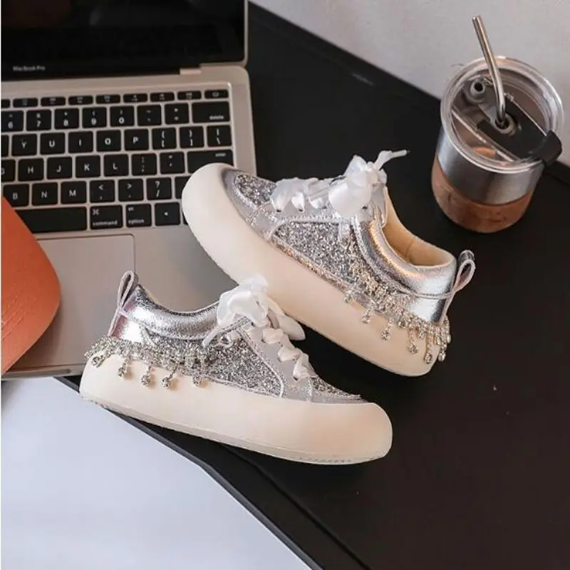 2024 Autumn New Children\'s Silver sequined Big Head Thick soled Board Shoes Boys Girls Students Gold Casual Shoes Single Shoes