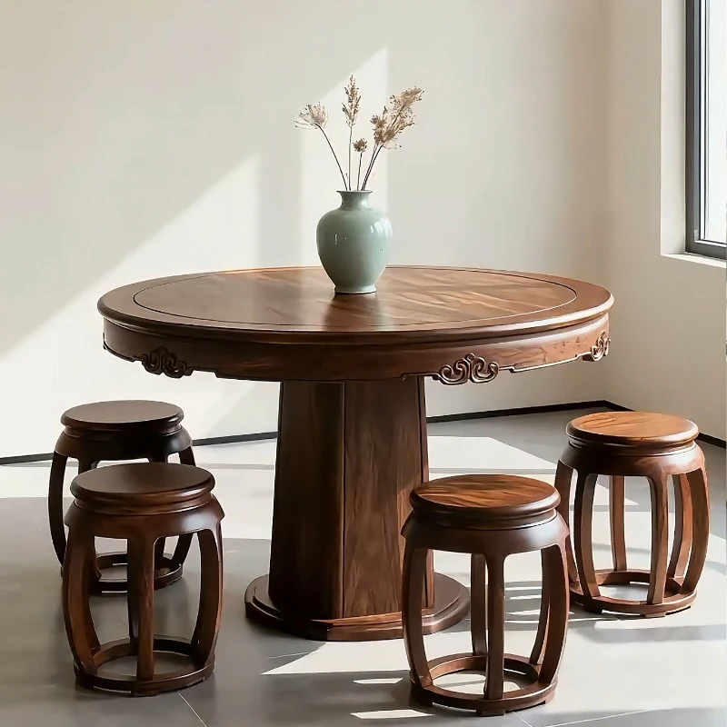 

New Chinese-style North American black walnut round table combination restaurant dining table large round table solid wood