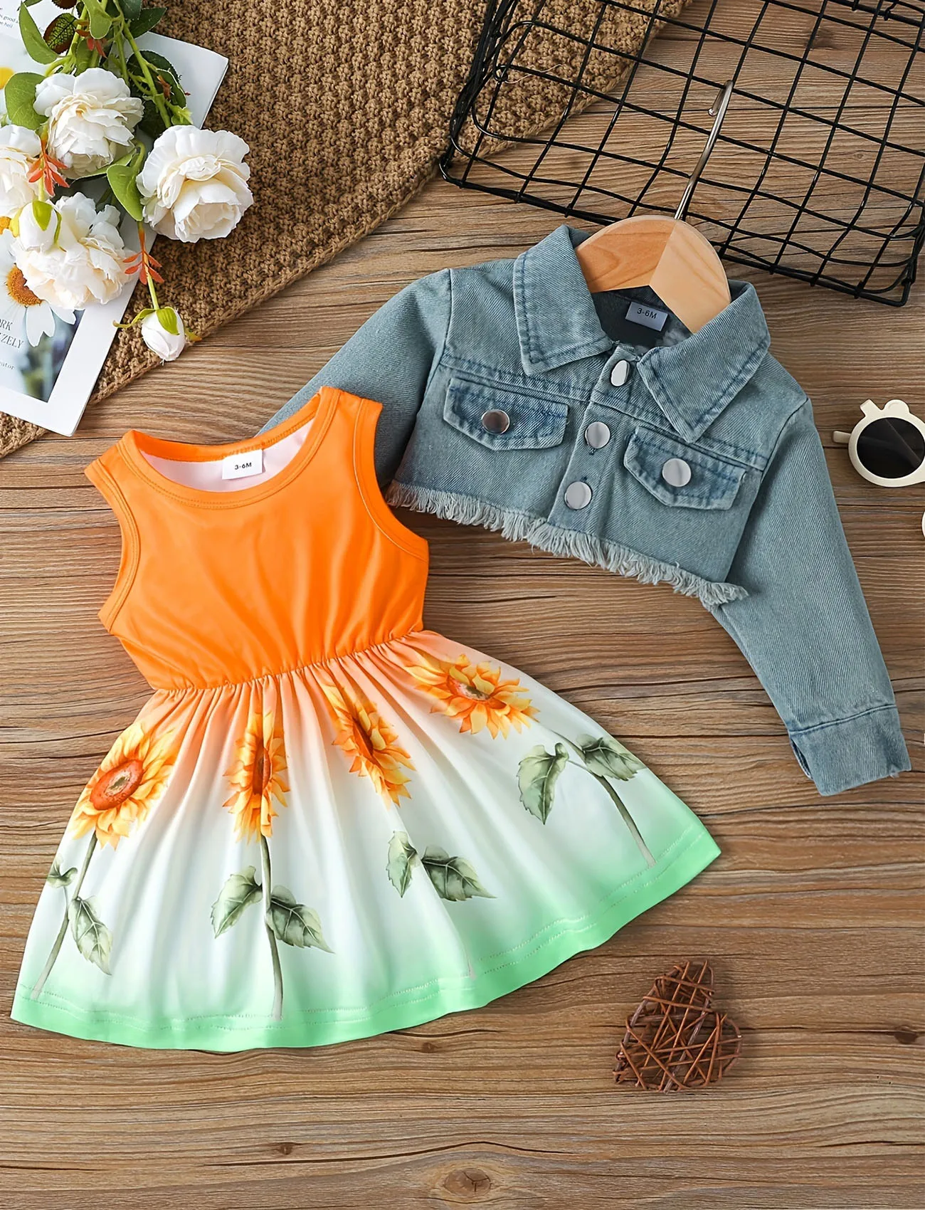 Baby Girl 2-Piece Outfit | Sunflower Print Sleeveless Dress + Denim Fringe Jacket | Spring Summer Cute Kids Clothing Set