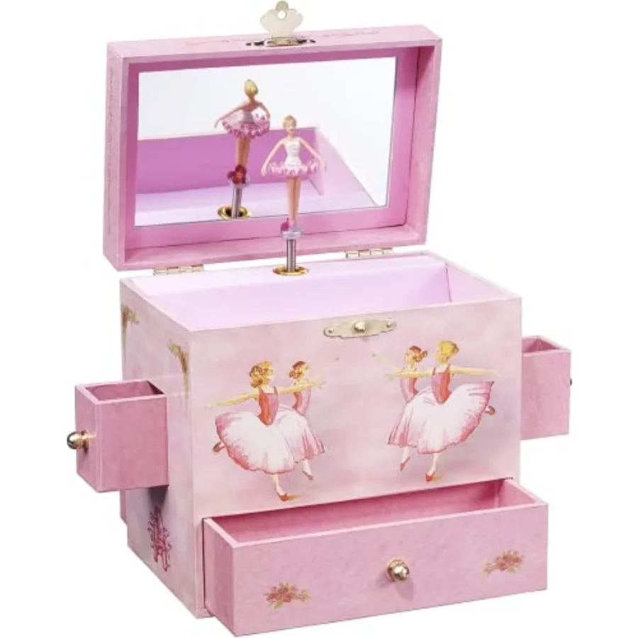 Joyero Musical de Bailarina con Diseño Elegante y Función Musical, Caja de Almacenamiento de Tesoros de 4 Cajones en Rosa, Inspirado en El Lago de los Cisnes