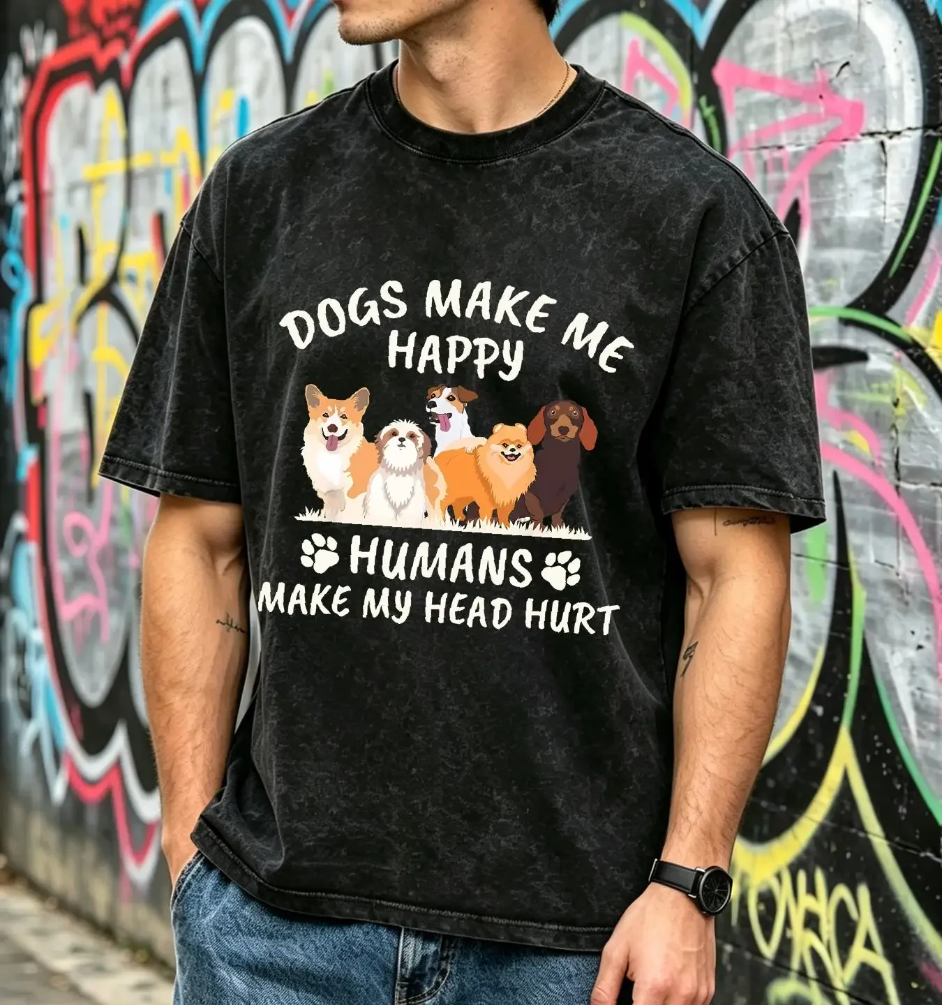 washed T Shirt Dogs make me happy humans my head hurt funny gift vintage Washed Top For Everyday Wear fashion Casual graphic