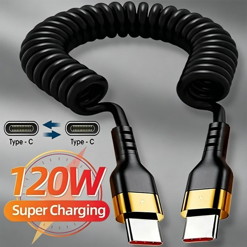 PD 120W Type C To Type C Cable 5A Fast Charge USB C Spring Car Charger Cable For iPhone 15 Series Xiaomi 12 Samsung S23 Macbook