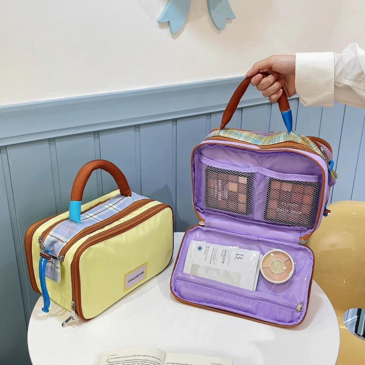 Color Block Travel Cosmetic Bag GOODFOR Label Large Capacity Nylon Makeup Handbag Multi‑Layer Portable Toiletry Storage Pouch