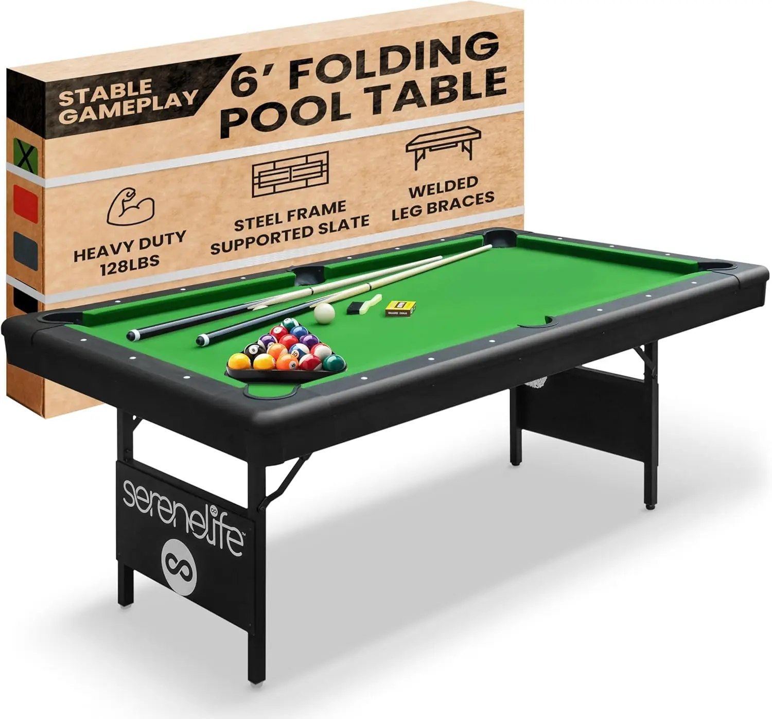 6-Ft Folding Pool Table - Best in Stability - Steel Frame, Fully Supported Slate, Welded Leg Supports with Safety