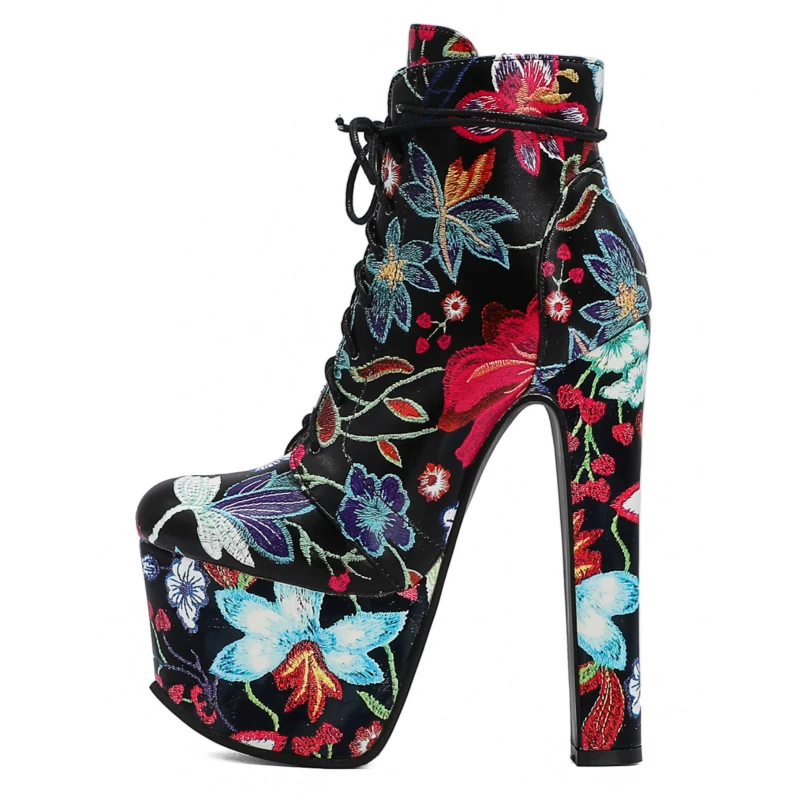 

Модные ботильоны с цветочным принтом, женская обувь на платформе, пикантные короткие ботинки на очень высоком каблуке 17 см, женская обувь для фетиш-вечеринок, большой размер