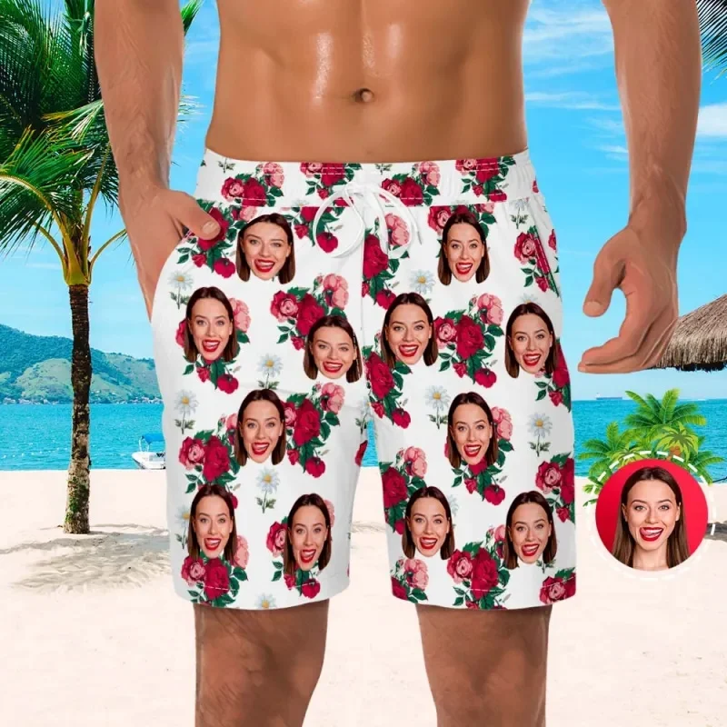 Custom Face Men Shorts Flowers Foliage Hawaii Beach Shorts 3D Printed Unisex Gym Sport Board Short Pants Ice Swim Trunks Ropa