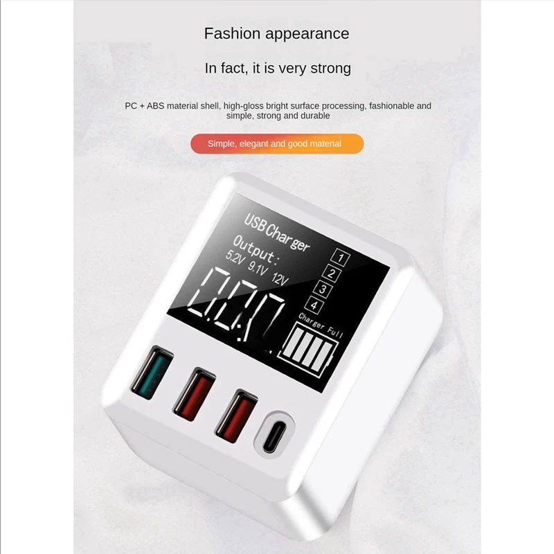 4 Port Fast Charging USB Smart Identification Display Charger Parts White Fast Charging QC3.0/PD20W EU Plug