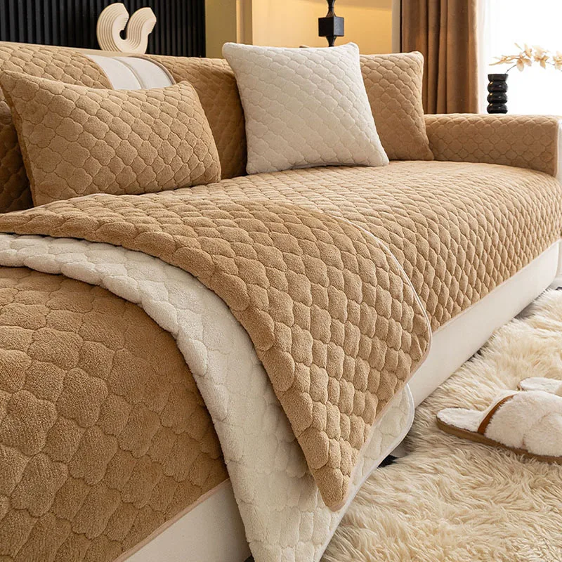 Solid Thick Milk Velvet Plaid Sofa Cushion Autumn and Winter Plush Non-Slip Sofa Cover French Soft Anti-Scratch Home Decor