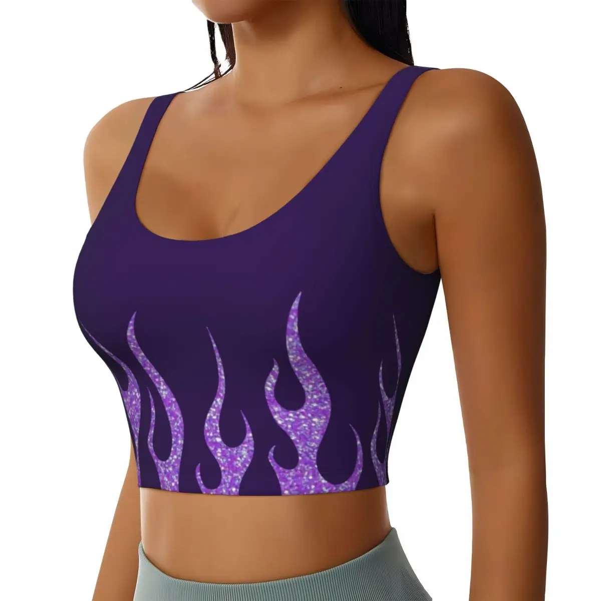 Custom Purple Glitter Flames High Impact Sports Bras for Women Vintage Fire Aesthetic Seamless Workout Yoga Crop Tank Tops