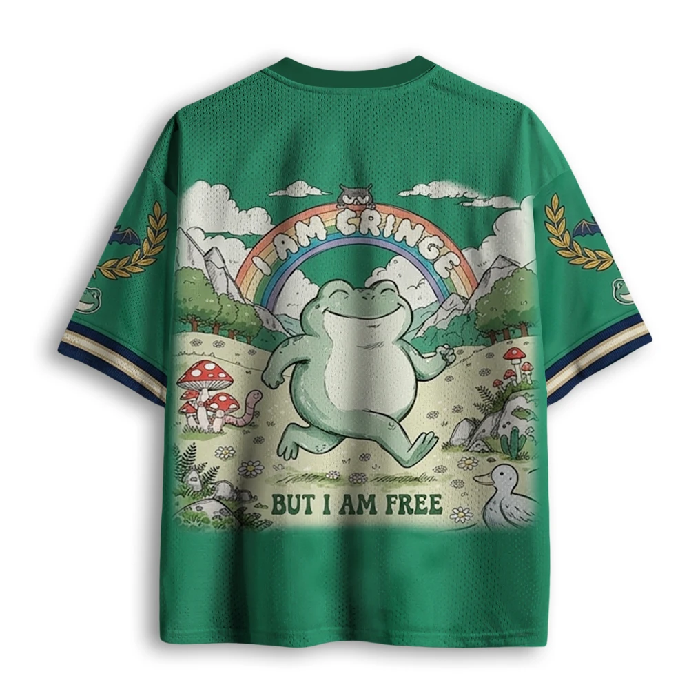 Vintage Forest Frog Rainbow Funny Slogan Print Green Mustard Color Block Mesh V Neck Loose Football Jersey T-shirt