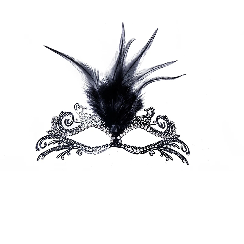 

Iron Art Women Masquerade Masks Hollow Out Feather Rhinestones Black Venetian Mask Fashion Elegant Cosplay Banquet Party Prom