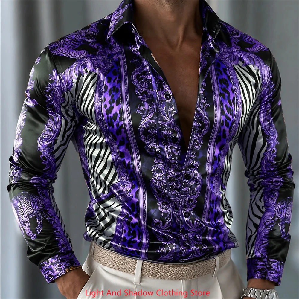 Men's Glossy Satin Long Sleeved Shirt, Baroque Leopard Print Zebra Mixed Print Button Down Party Club Business Casual Top