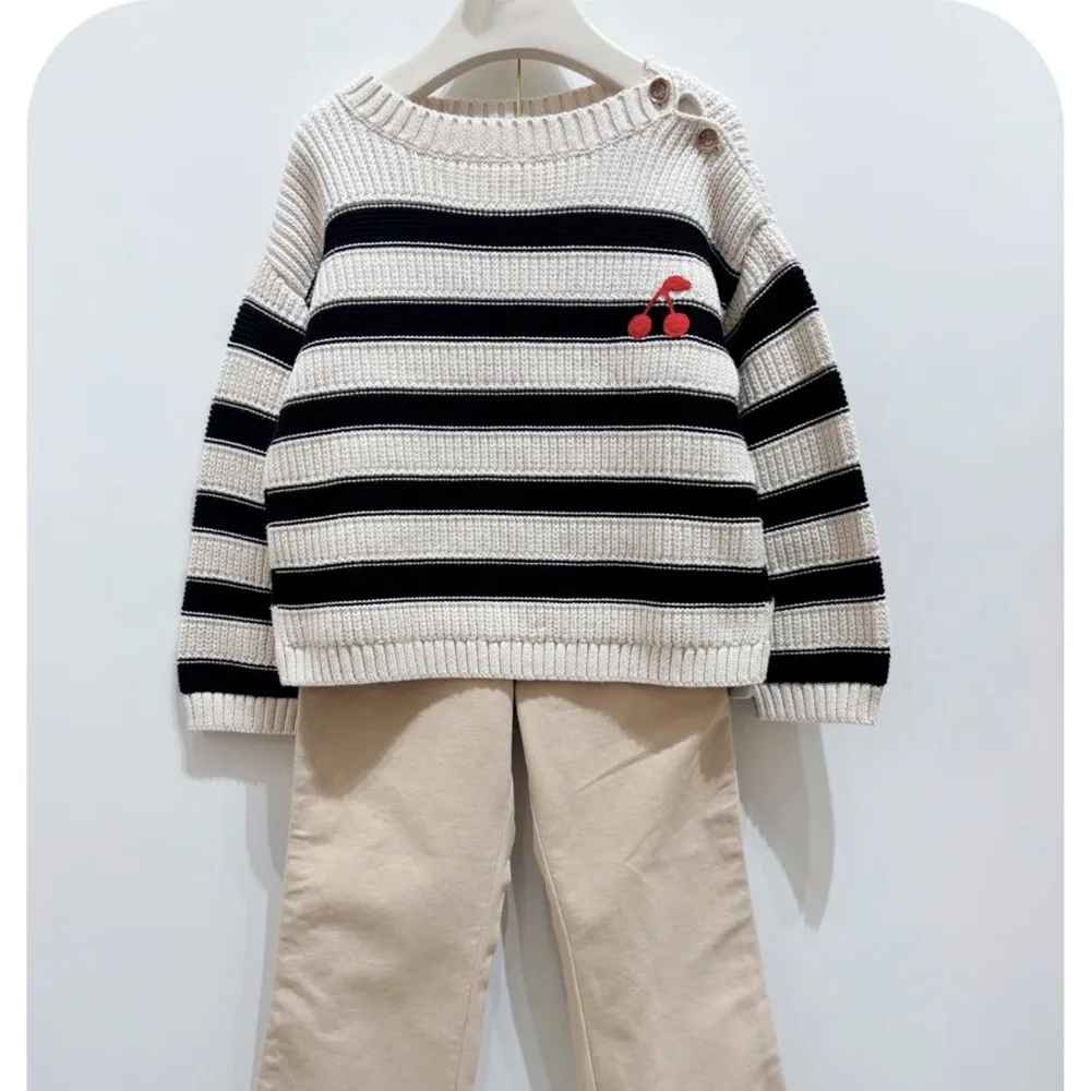 Autumn kids sweaters baby girl clothes Striped pattern coarse woolen sweater Cherry patterned pullover sweater