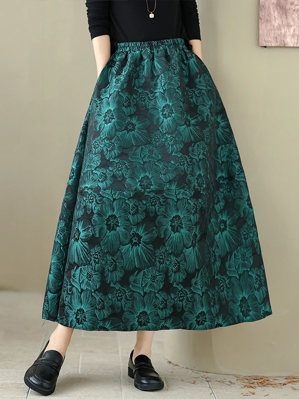 Elegant Lightweight Embossed Floral Half Skirt High Waist Bloom Skirt Commute Korean Style Women's Premium Quality Skirt
