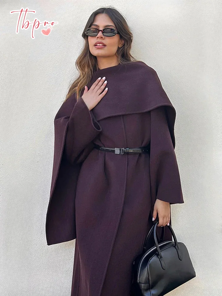 Fashion Solid Scarf Collar Wool Blends Women's Long Coat 2025 New Elegant Full Sleeve Loose Overcoat Autumn Lady Popular Outwear