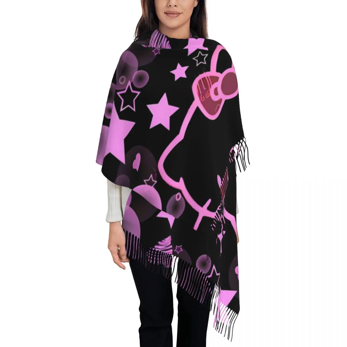 وشاح هالو كيتي الأسود Y2k للنساء لخريف وشتاء شال كشمير يلتف أوشحة كبيرة طويلة مع شرابة للارتداء اليومي