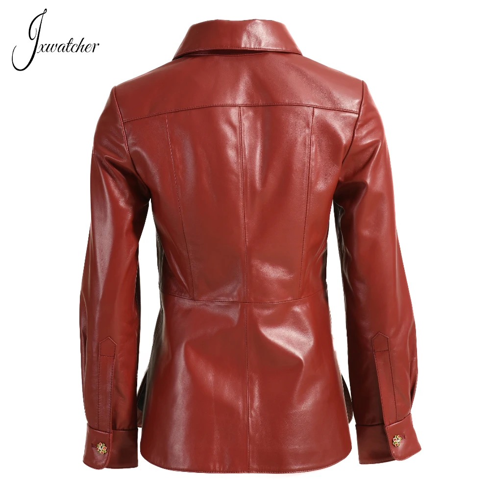 Jxwatcher Jaket Kulit Asli Wanita Musim Semi Baru Kemeja Kulit Asli Wanita Tombol Berlian Imitasi Warna Solid Mantel Kulit Domba Musim Gugur