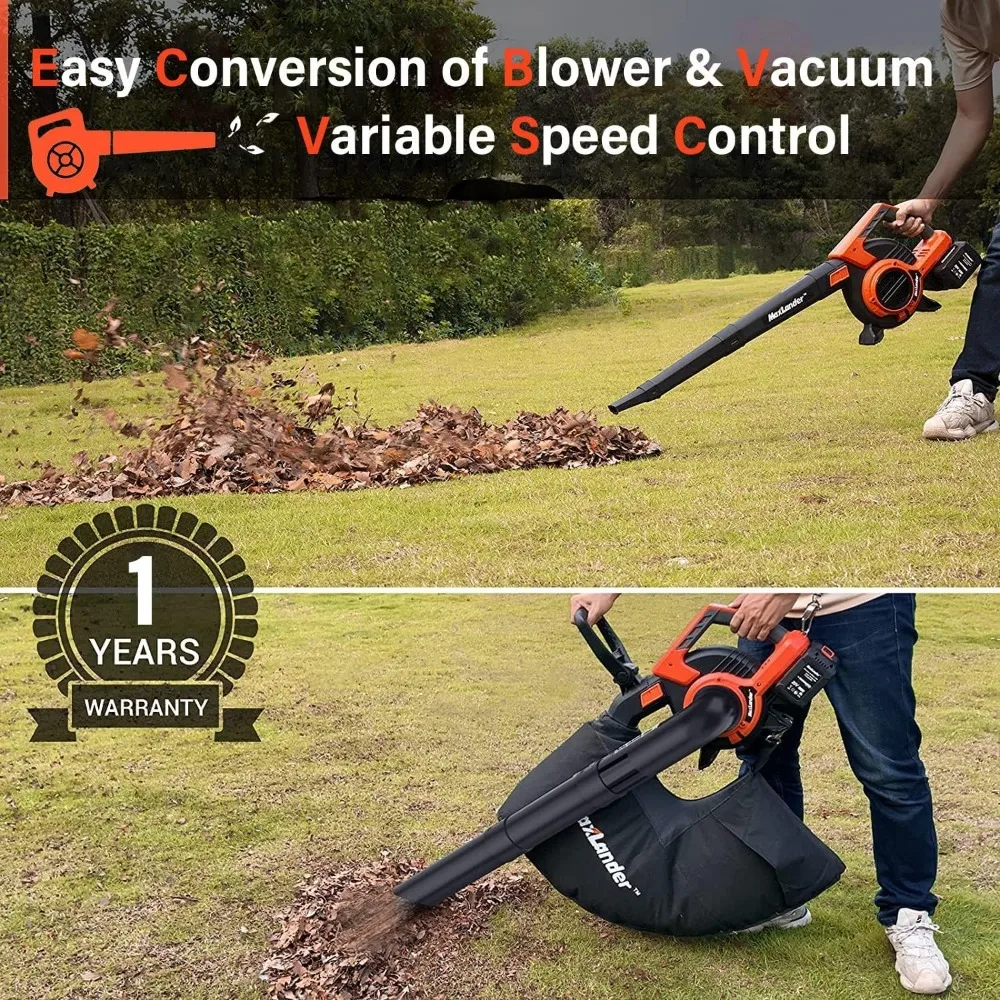 3 in 1 Cordless Leaf Blower & Vacuum with Bag, Brushless Battery Powered Leaf Vacuum Mulcher 40V 170MPH 360CFM 5 Speeds Leaf