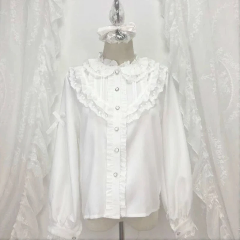النمط الياباني لطيف عادية قميص أبيض بلايز لوليتا البلوزات أنيقة الدانتيل الكشكشة طويلة الأكمام الوقوف طوق تصميم ملابس امرأة