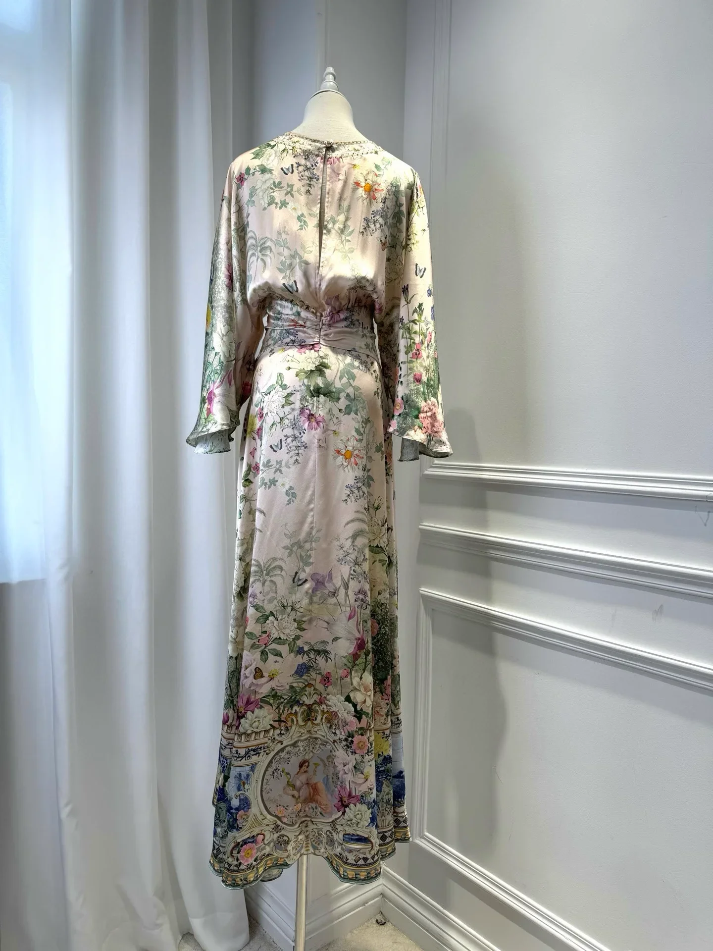 2025 New Women Pink Flower Print Maxi Dress High Waist Flare Sleeve V-Neck Holiday Ladies Silk Robe