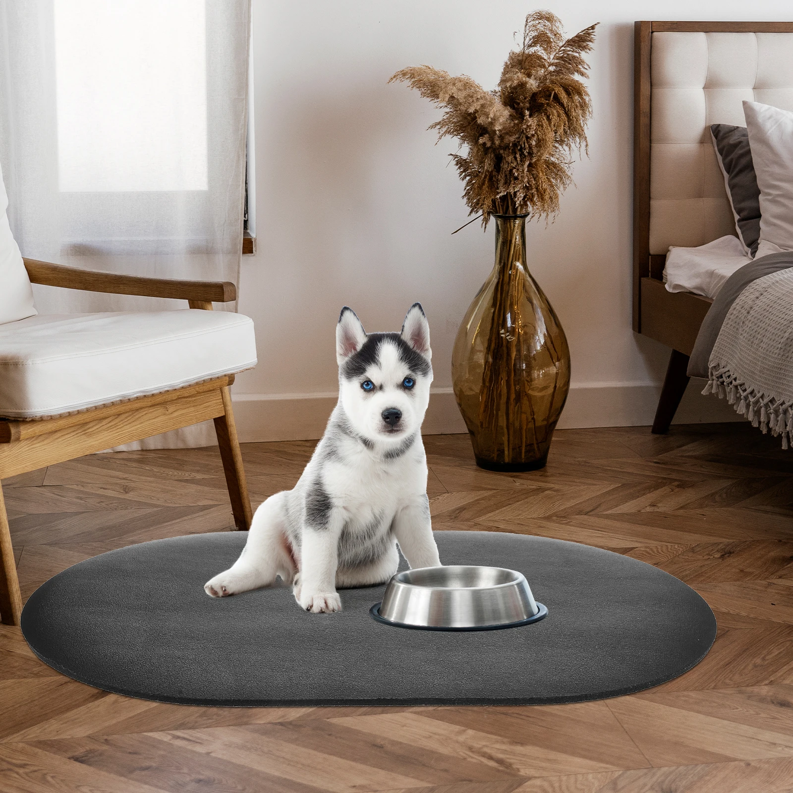 

Pet Feeding Mat 30x40cm Deep Gray Thick Reusable Placemat Absorbent Non Skid Easy Clean Dry Floor Catch Spill Dog