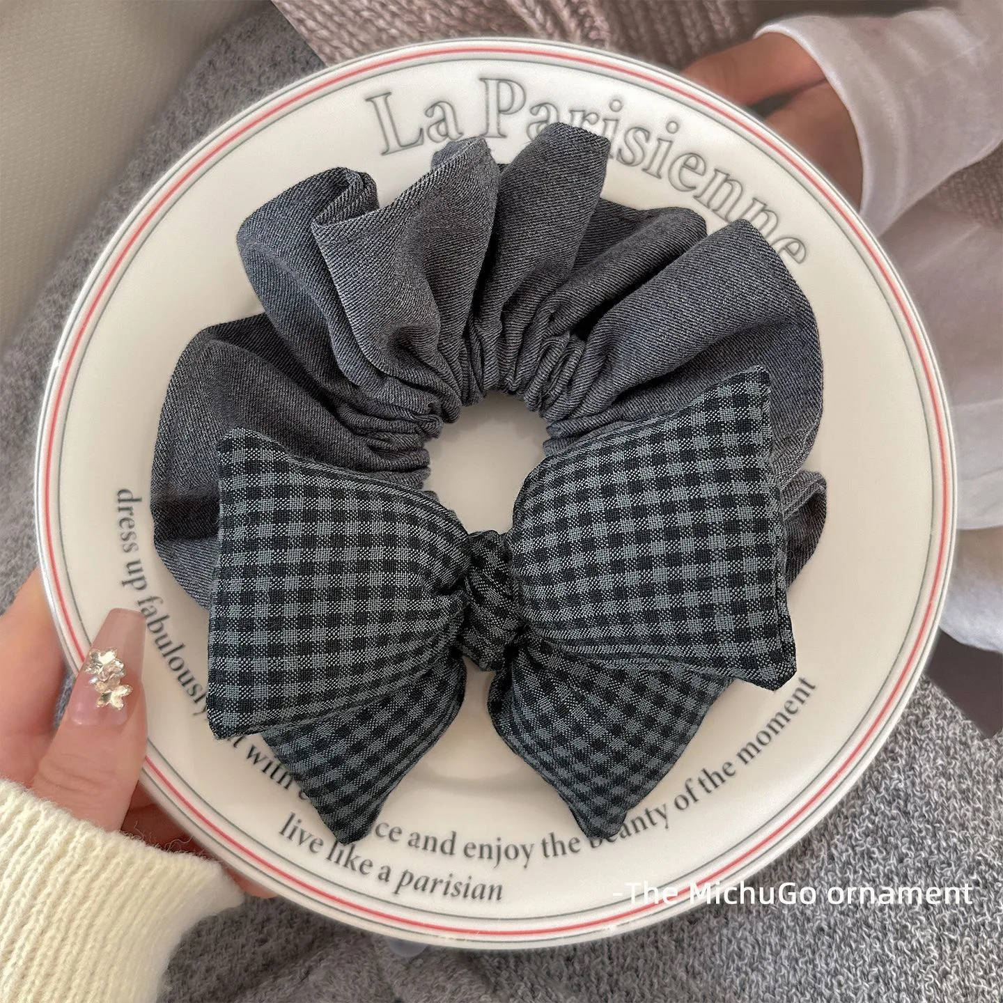 1pc gray plaid padded cotton bow hair tie, Japanese-style sweet and cute high-elasticity ponytail hair band, 2025 new hair acces