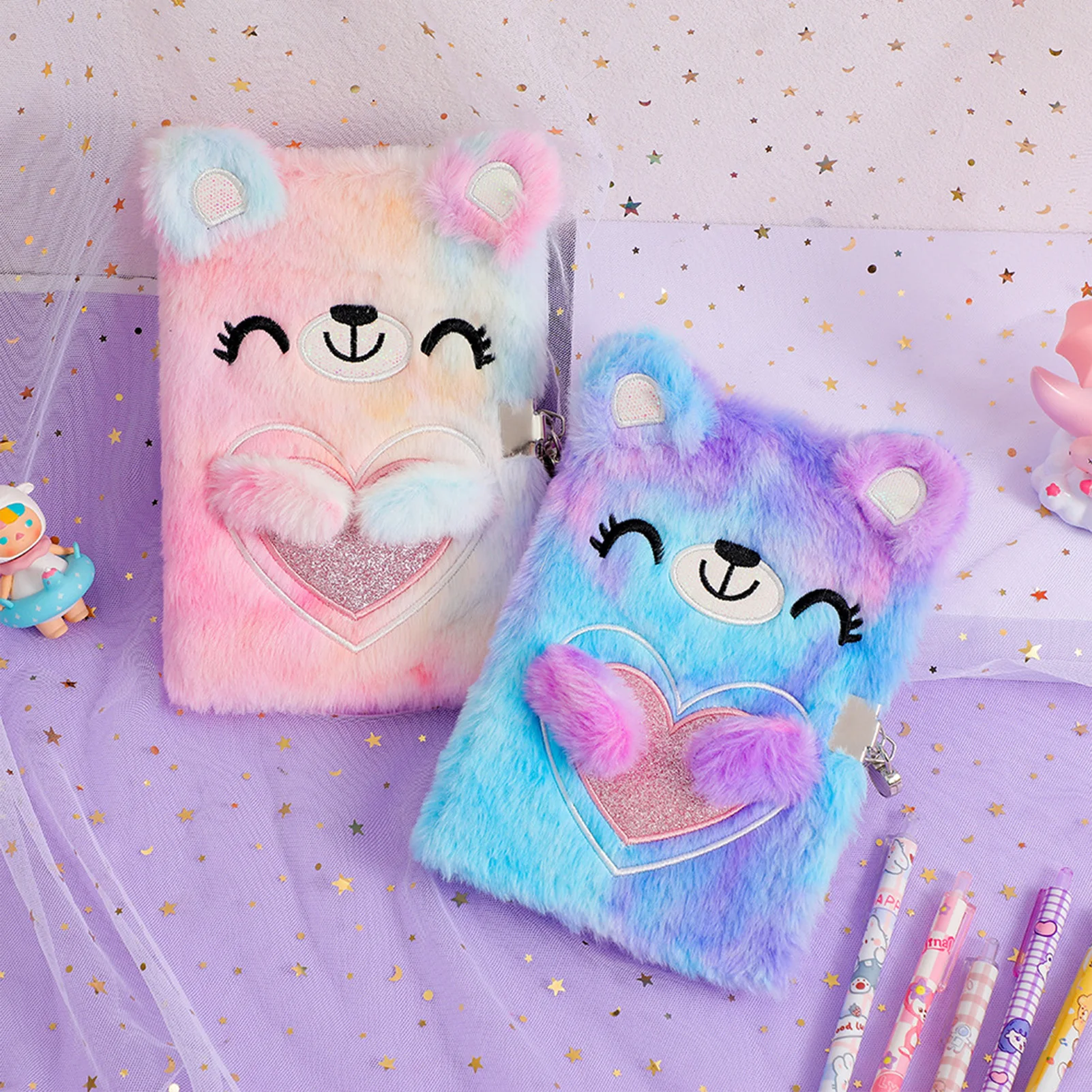 Urso dos desenhos animados com bloqueio caderno de pelúcia tie-tingido multi-cor a5 diário livro meninas mão conta livro presente papelaria material escolar