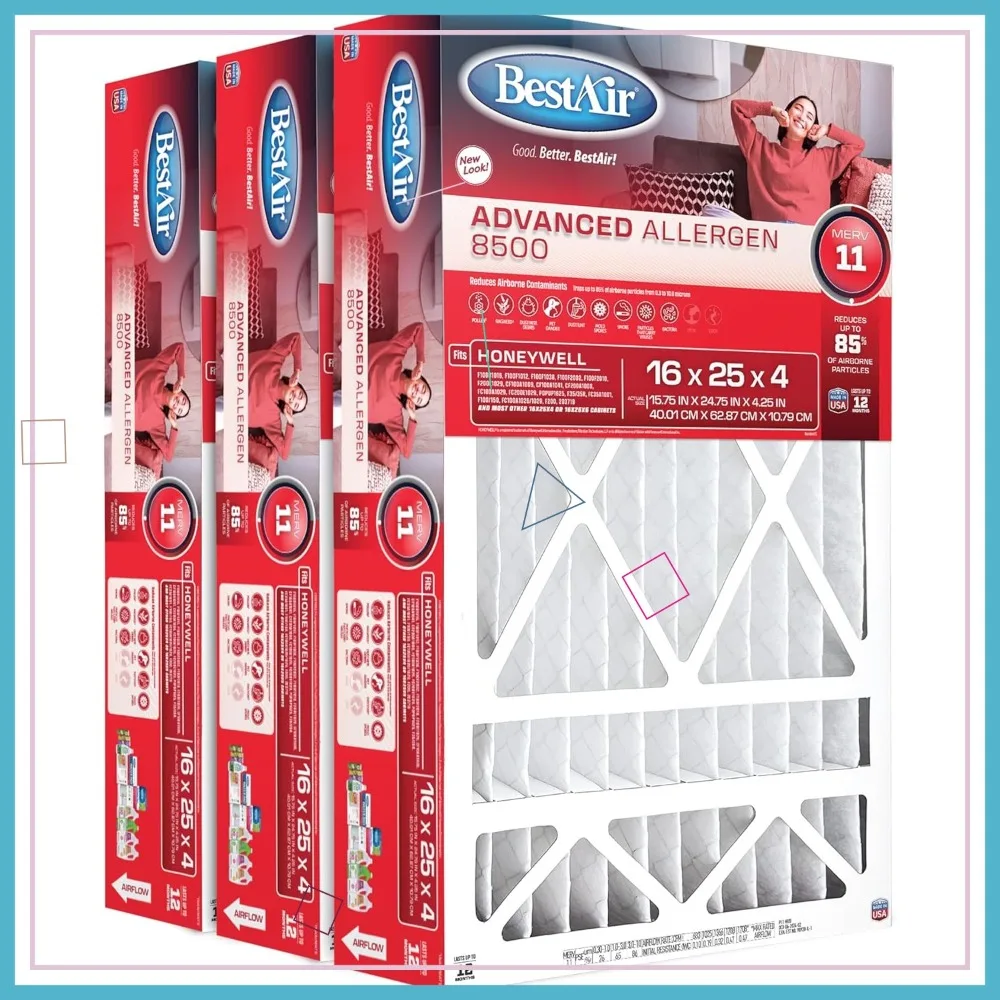 

16x25x4 MERV 11 AC Furnace Air Filter, 3-Pack, Traps Allergens & Dust, High Efficiency