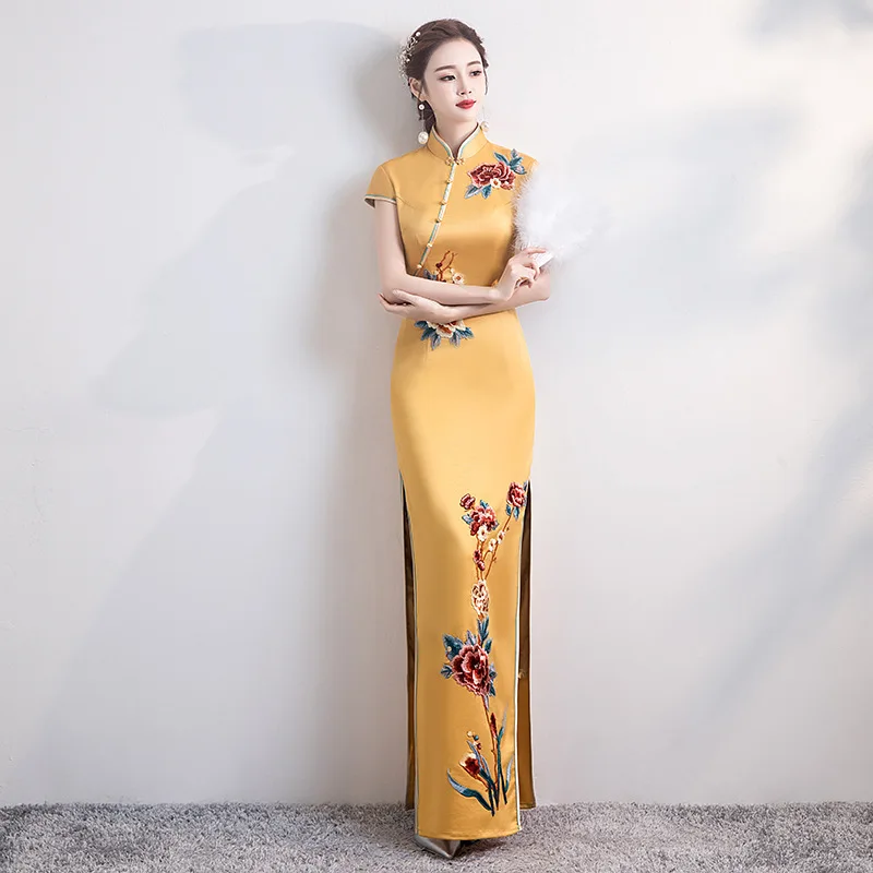 Slim Improvement Cheongsam Large Size Chinese Traditional Vestidos Sexy Slit Long Qipao Stage Performance Women's Elegant Dress