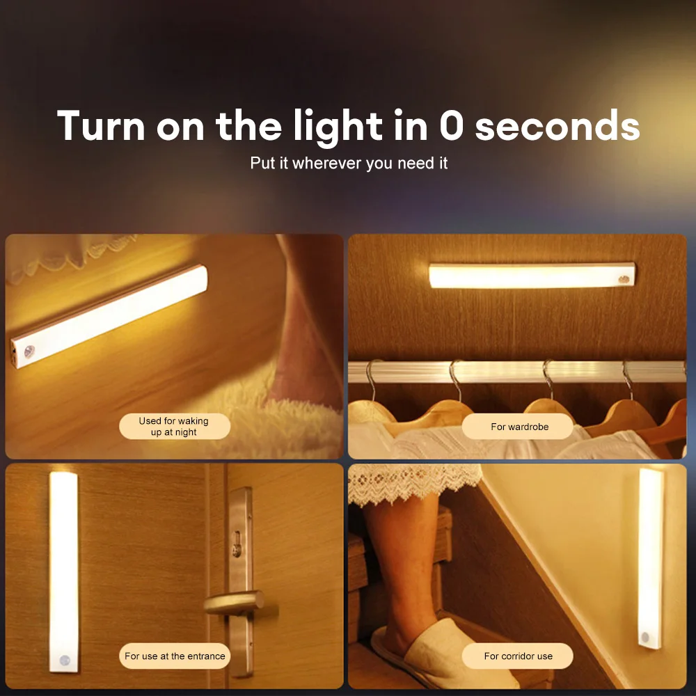 Motion Sensor LED Under Cabinet Lamp Dimmable Rechargeable Night Light Stairs Closet Room Aisle Tube Bar Detector Bulb view 6