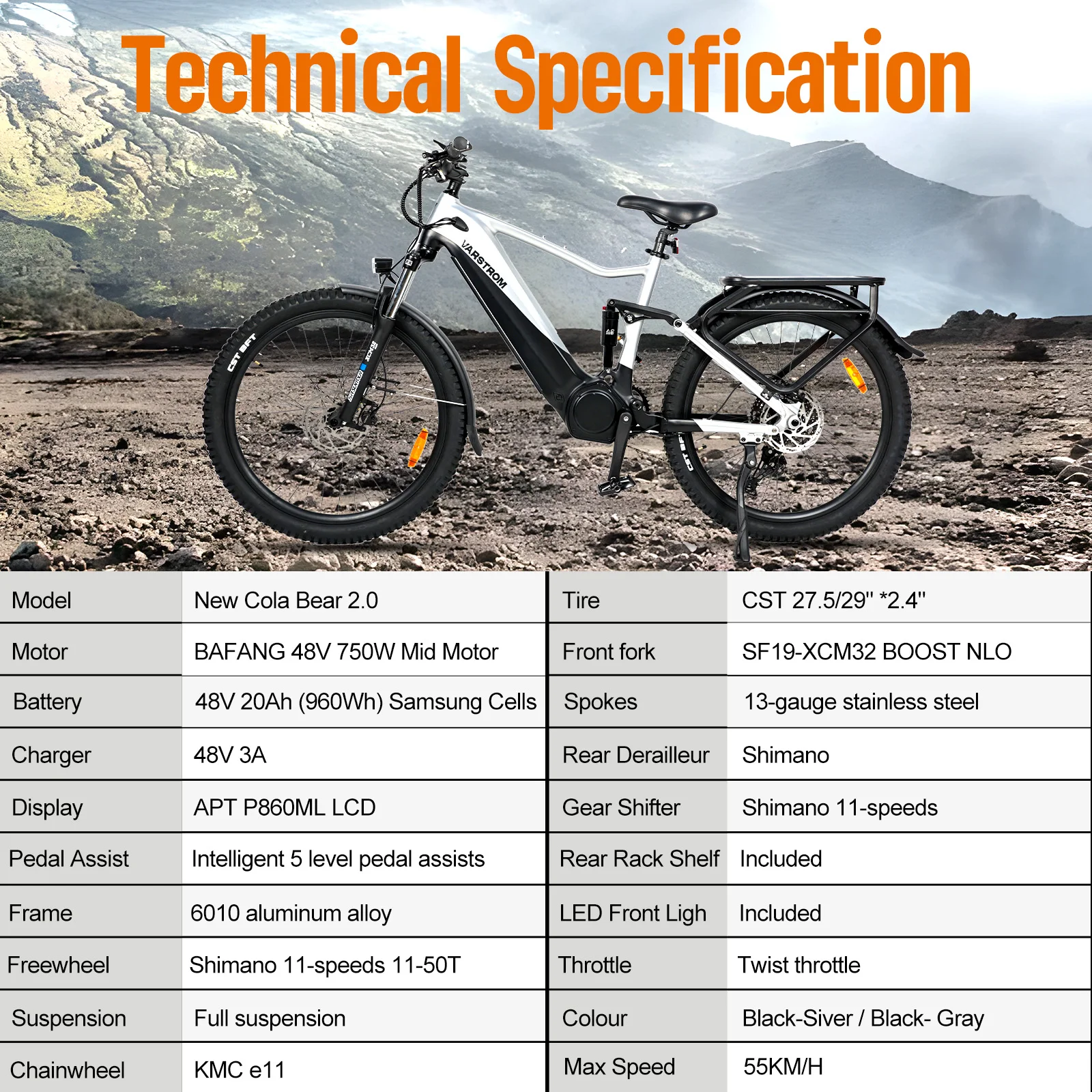 [3-Tage-Lieferung] Varstrom Cola Bear 2.0 Elektro-Mountainbike E-Bike Offroad 960Wh Akku 750W Mittelmotor Fahrrad Herren Trekking E-MTB – Detail 13