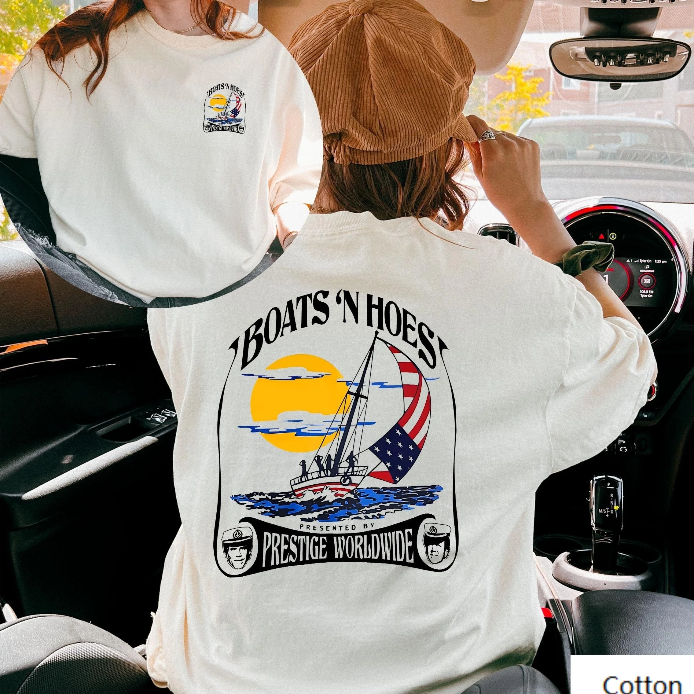 تي شيرت قطني مطبوع عليه Boats N Hoes Prestige Worldwide مستوحى من العلامة التجارية العصرية المطبوعة تي شيرت من القطن الخالص بأكمام قصيرة للجنسين