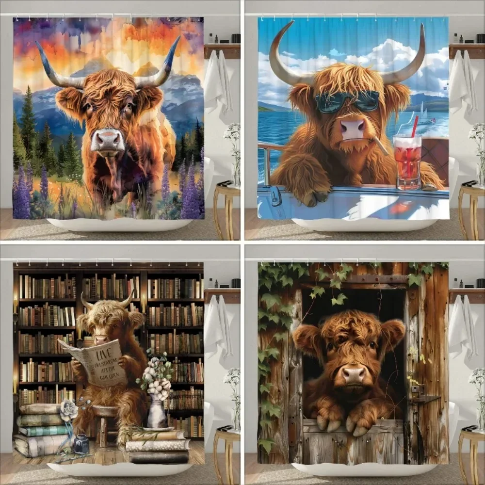 

Funny Highland Cow Shower Curtain Rustic Country Cow Cartoon Animal Children's Bath Curtain Polyester Fabric Home Bathroom Dec