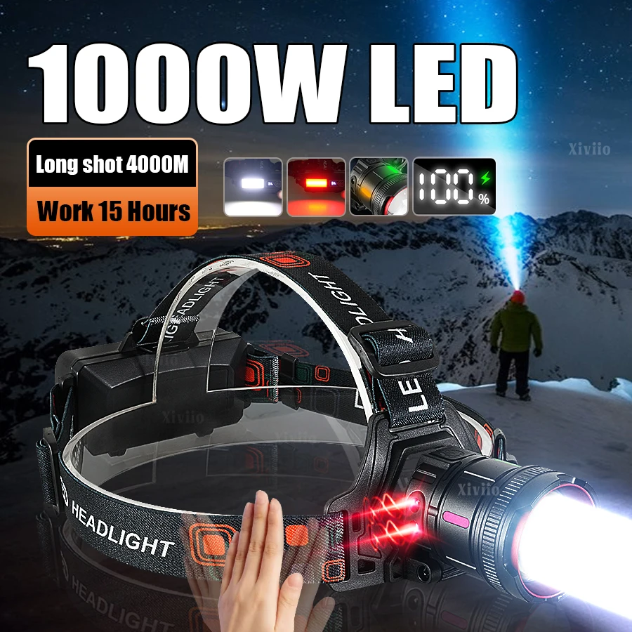 

Ultra Powerful Headlamp 1000W Strong Light Sensor Headlight Rechargeable Lamp Working 15h Long Shot 4000M for Outdoor fishing