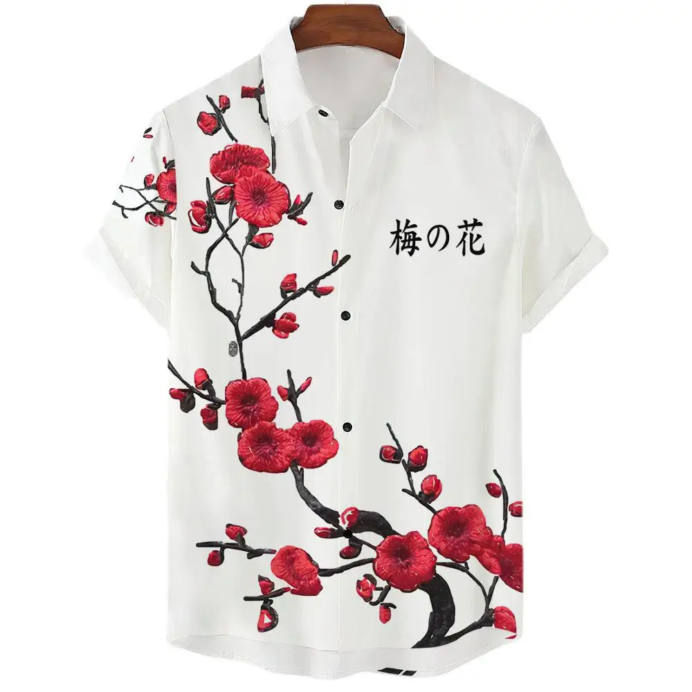 New Summer Shirt For Man Cherry Blossom Print Men\'s Top Everyday Casual Wear Oversized Short-sleeved Shirt Senior Men\'s Clothing