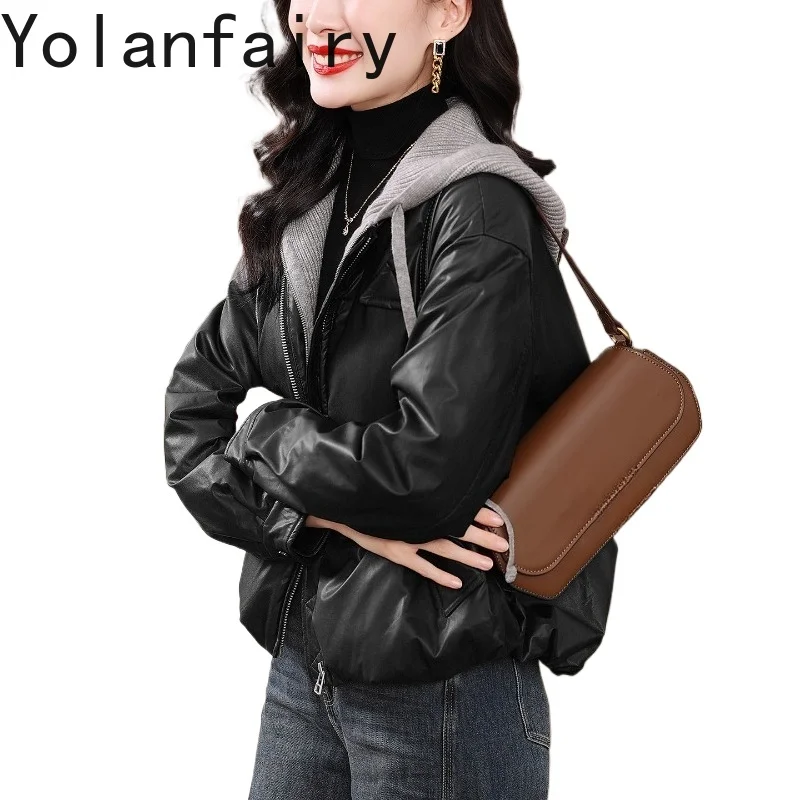 

YOLANFAIRY Модная женская зимняя куртка с капюшоном из искусственной кожи, 90% белый утиный пух, короткие пуховики, Abrigos Mujer