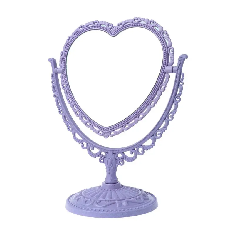 2Sides Heart-shaped Makeup Mirror Rotatable Stand Table Compact Mirror Dresser