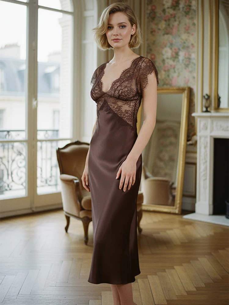 الدانتيل المرقعة الساتان فستان ماكسي أنيق العميق الخامس الرقبة عارية الذراعين عالية الخصر سليم فساتين حريمي 2025 سيدة ثوب مسائي للحفلات #3