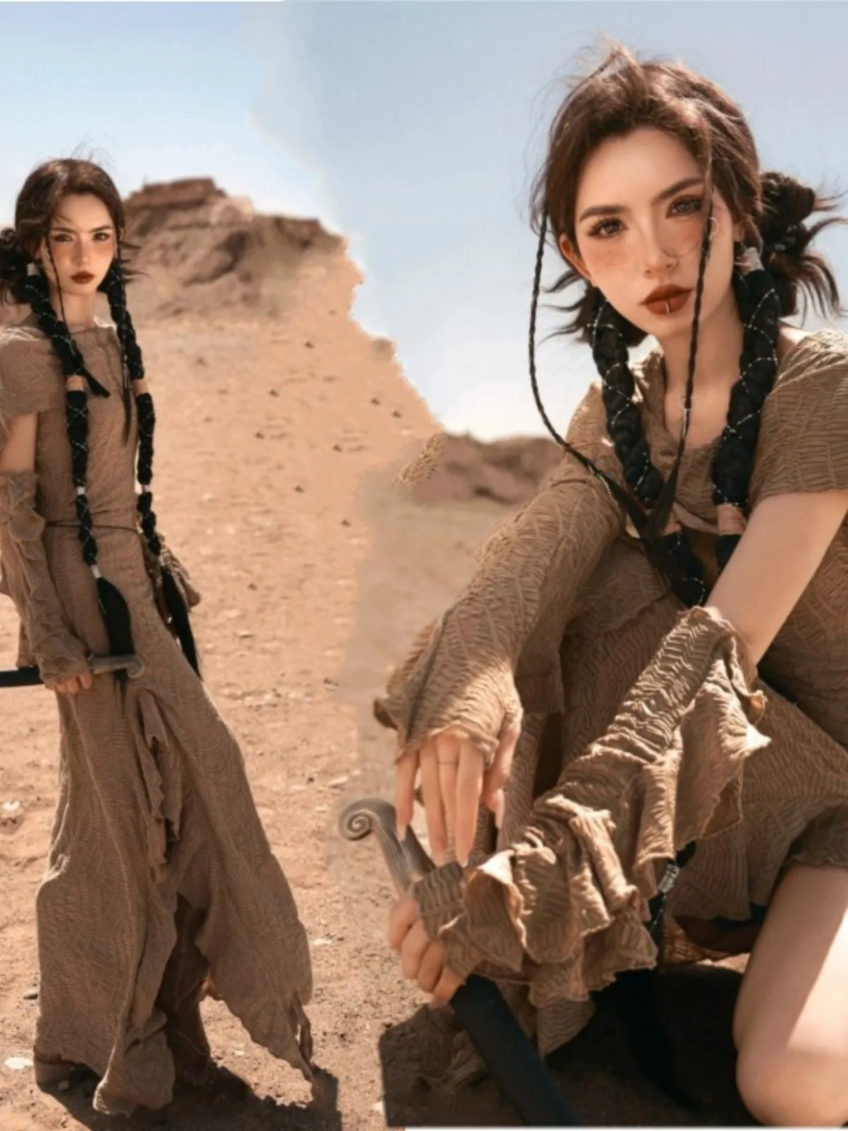 

Desert Vacation Dress Dubai Style Ethnic Fashion Photography Studio Waste Land Scenery Authentic Chinese Tang Suit Women's Cl...