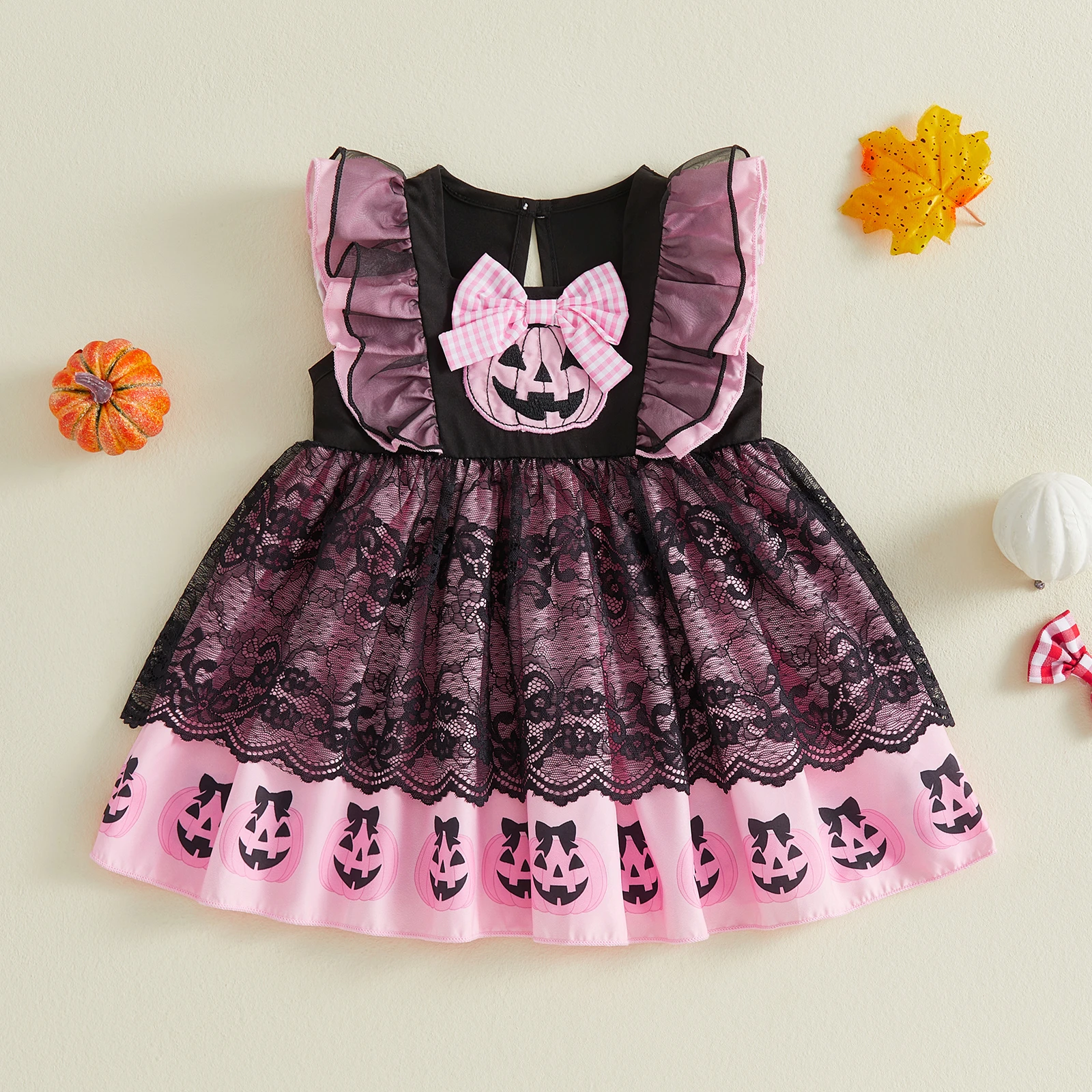 1-5Y Toddler Girls Halloween Party Dress Pumpkin Applique Flying Sleeve Lace Dress Festival Halloween Costume